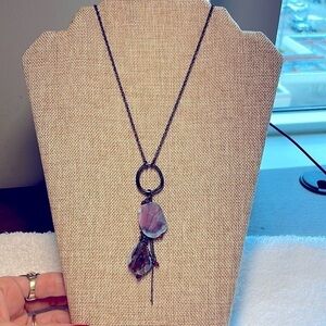 Express tassel open circle charm pendant natural stone dark metal chain